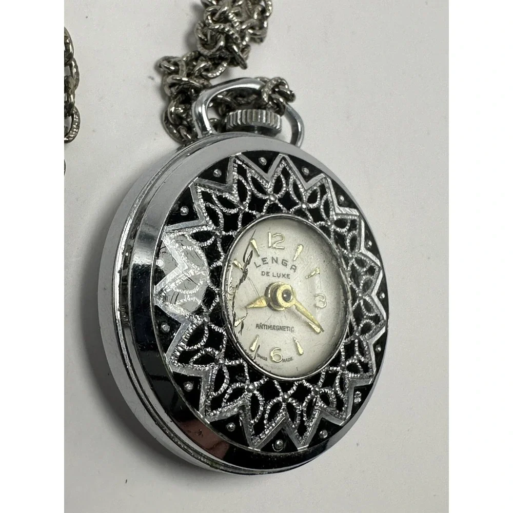 Lenga De Luxe Pendant Watch 34MM‎ Manual Wind Swiss Made Works Silver Tone A79